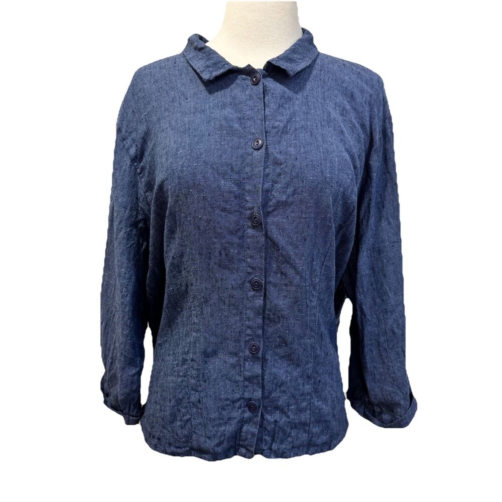 Flax Shirt Womens Medium Black Linen Button Front 3/4 Sleeve Collared Boho Beach